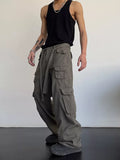 Threebooy High street retro casual large pocket overalls men's new summer high waist loose straight tube draped wide leg pants