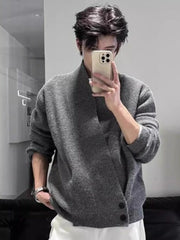 Threebooy  Korean Style Versatile Unique Design Slanted Buttons Relaxed Fit Solid Color Men's Autumn Winter Lazy Chic Loose Cardigan