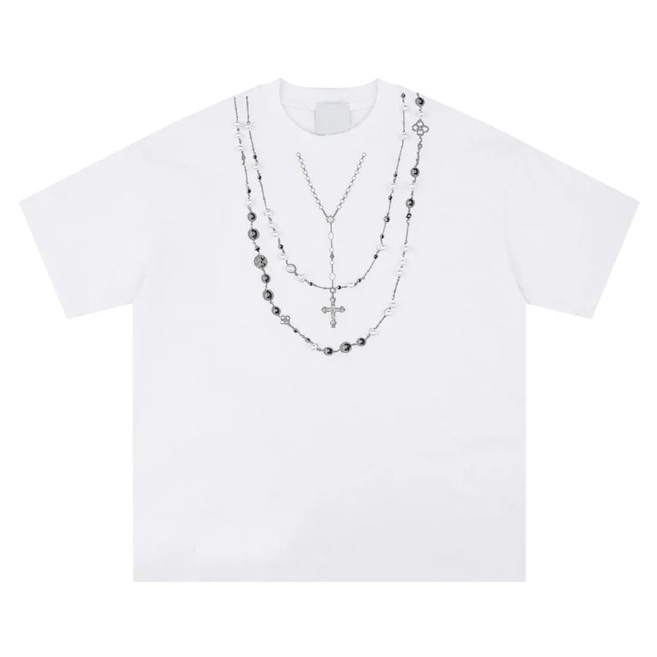 Threebooy  Mens Short Sleeve T-Shirts Streetwear Punk Cross Necklace Print Tees Tops Men Oversized Harajuku Y2k Hip Hop Black T Shirts Male