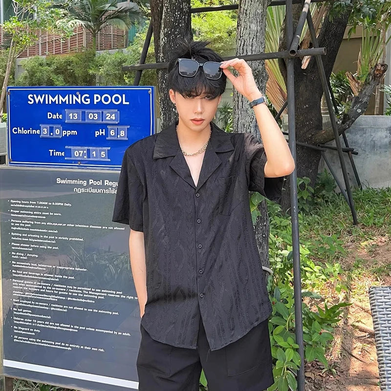 Threebooy  Summer Men's Clothing Light Luxury Jacquarded Suit Collar Shirts Streetwear Button-down Short Sleeve Retro Leisure Fashion M-3XL