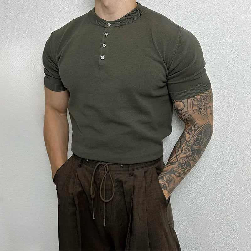 Threebooy  New Fashion Men Henry Collar T-Shirt Leisure Luxury Knit Short Sleeve Tops Korean Style Summer Stretchy Breathable Fitness Tees