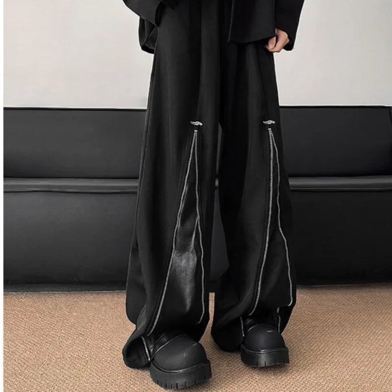 Threebooy NEW PU Leather Patchwork Wide Leg Pants Men Zipper Hip Hop Fashion Harajuku High Street Loose Casual Pants Ropa Hombre