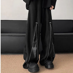 Threebooy NEW PU Leather Patchwork Wide Leg Pants Men Zipper Hip Hop Fashion Harajuku High Street Loose Casual Pants Ropa Hombre