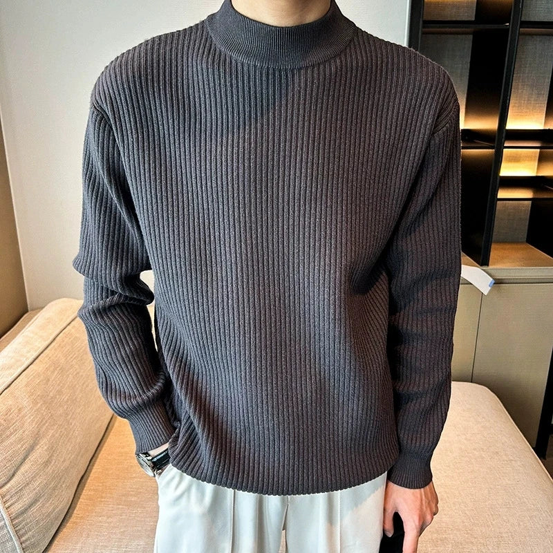 Threebooy  New Korean Retro Men Basic Sweaters Luxury Knit Solid Color Mock Neck Long Sleeve Pullover Casual Textured High Quality Knitwear