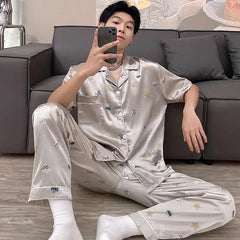 Threebooy Men's pajamas short sleeved summer ice silk home clothing men's summer Long pants cardigan men sleepwears set home clothing