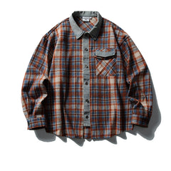 Threebooy Vintage Plaid Cargo Shirts Mens Streetwear Hip Hop Long Sleeve Shirt for Men Harajuku Loose Japan Style Casual Blouse Coats Male