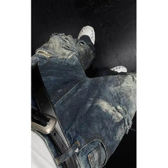 Threebooy  Mens Loose Fit Straight Leg Jeans Dark Blue Ripped Distressed Trendy Streetwear Fashion Casual Urban Denim Pants Hip Hop Style