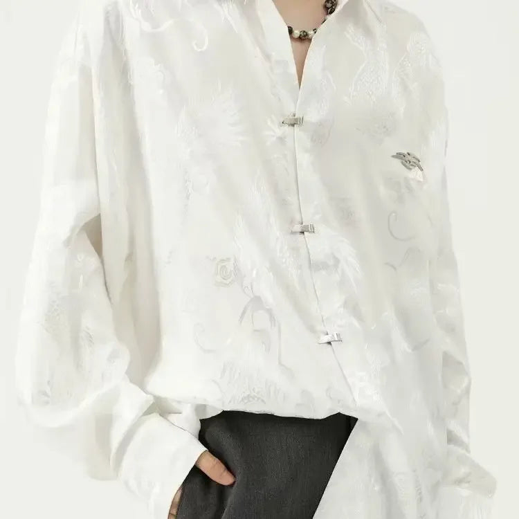 New Chinese Style Dragon Pattern Jacquard Silk Shirt For Men Casual Metal Buckle Dull Black Aesthetic Neutral Loose-fit Shirt