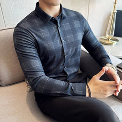 Threebooy Summer Fashion Random Plaid Shirt Men Long Sleeve Casual Slim Fit Elastic Anti-wrinkle Shirts Tops Cotton Chemise Homme