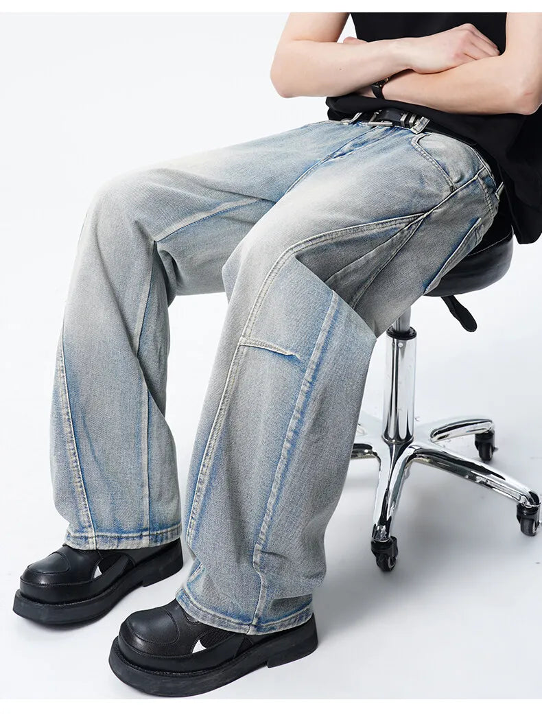 Threebooy Mens Loose Fit Patchwork Wide Leg Washed Jeans Vintage Denim Pants Casual Streetwear Comfort Trendy Baggy Trousers Hip Hop