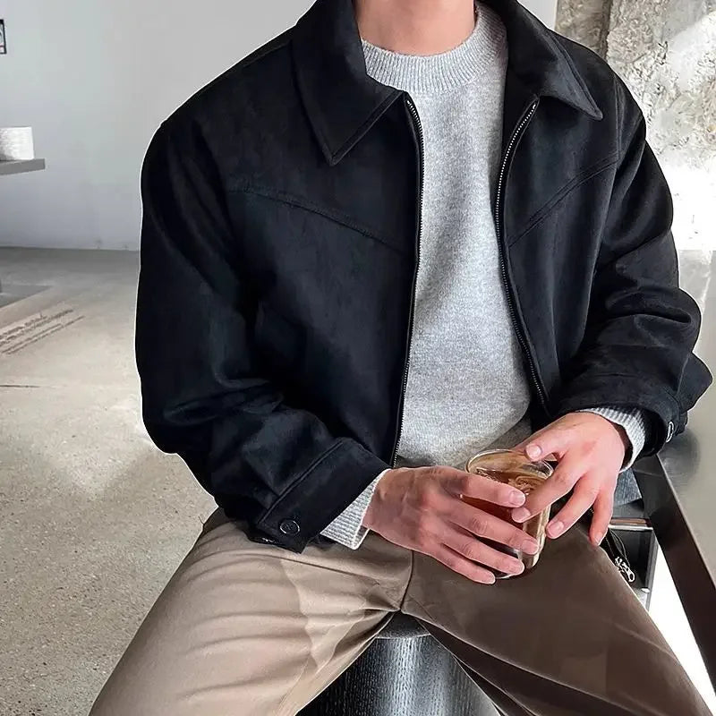 Threebooy Elegant Solid Brown Coat Men's Spring Autumn High-end Loose Lapel Plush Top Winter New Zipper Short Jacket Vintage Streetwear
