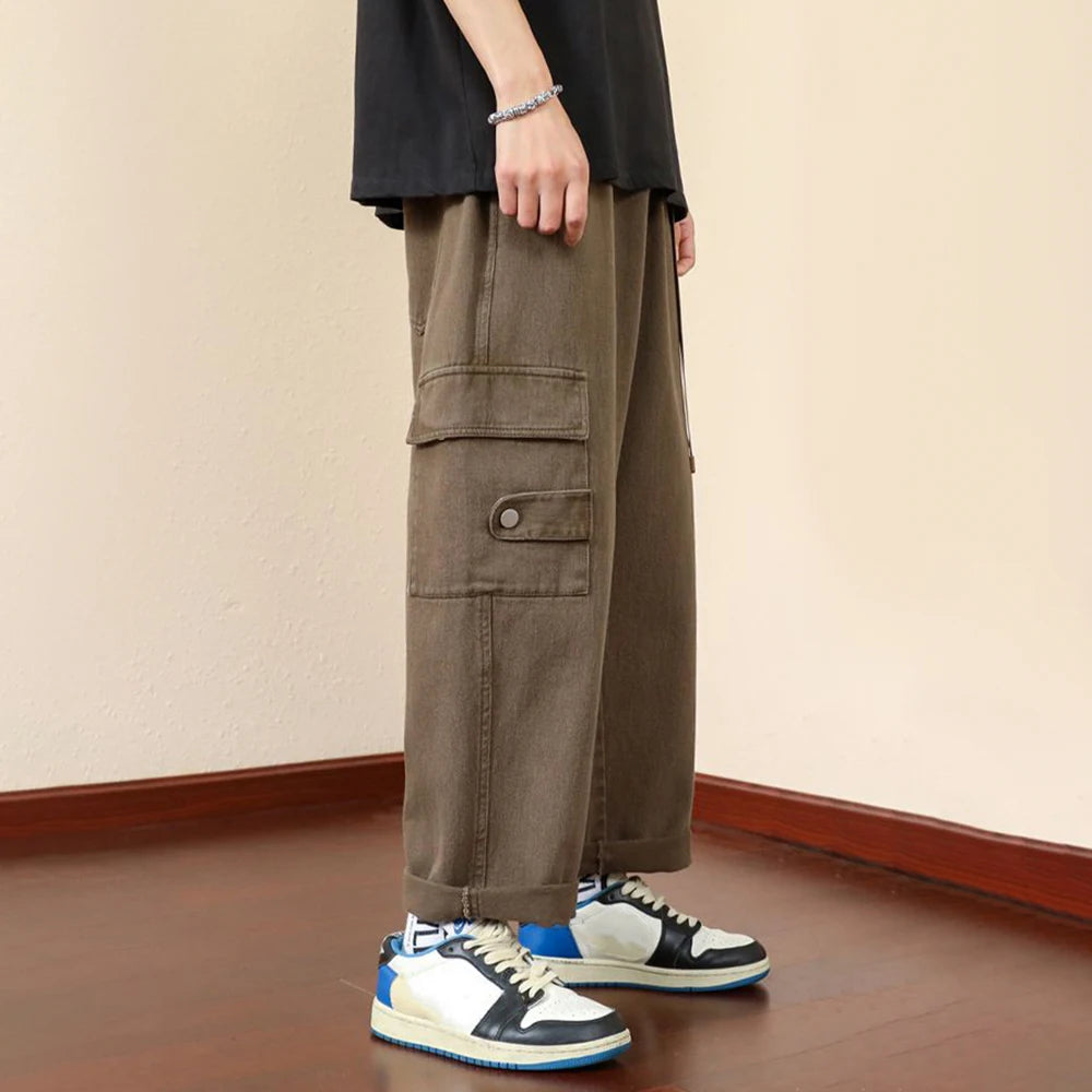 Threebooy Mens Casual Cargo Pants Hip-Hop Solid Color High Street Retro Loose Japanese Straight Pants Spring and Autumn New Style