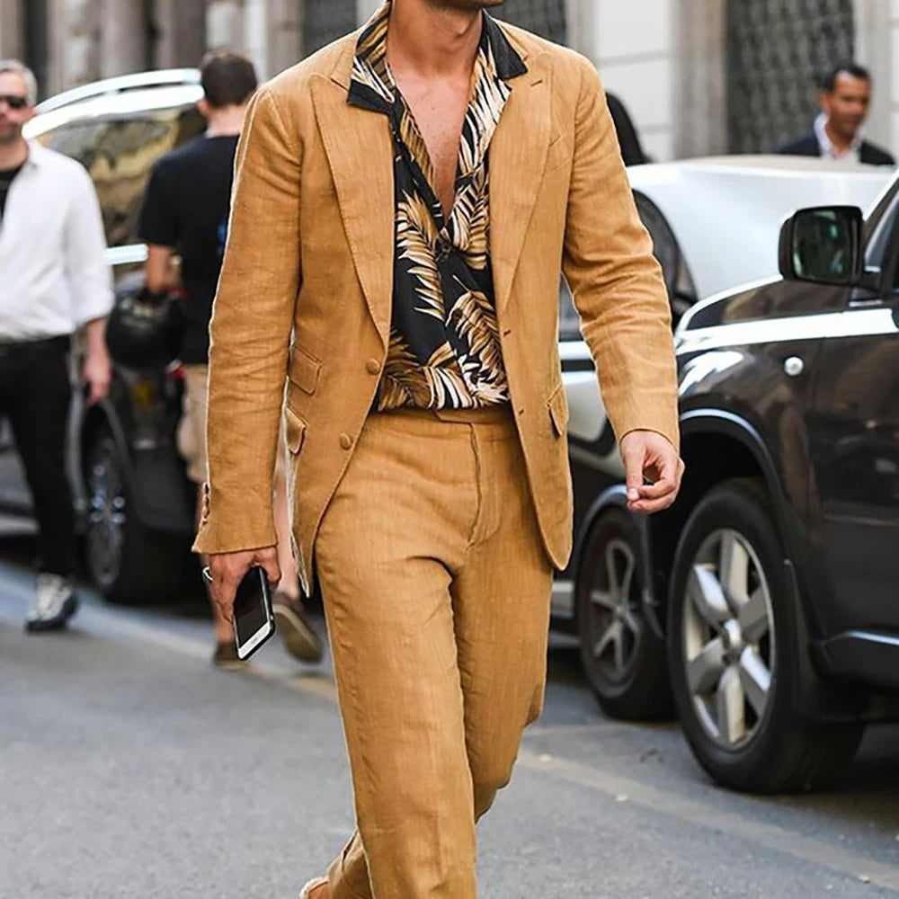 Threebooy  Linen Suits for Men Casual 2 Piece Set Single Breasted Peaked Lapel Blazer Daily Streetwear Shopping Outfit Free