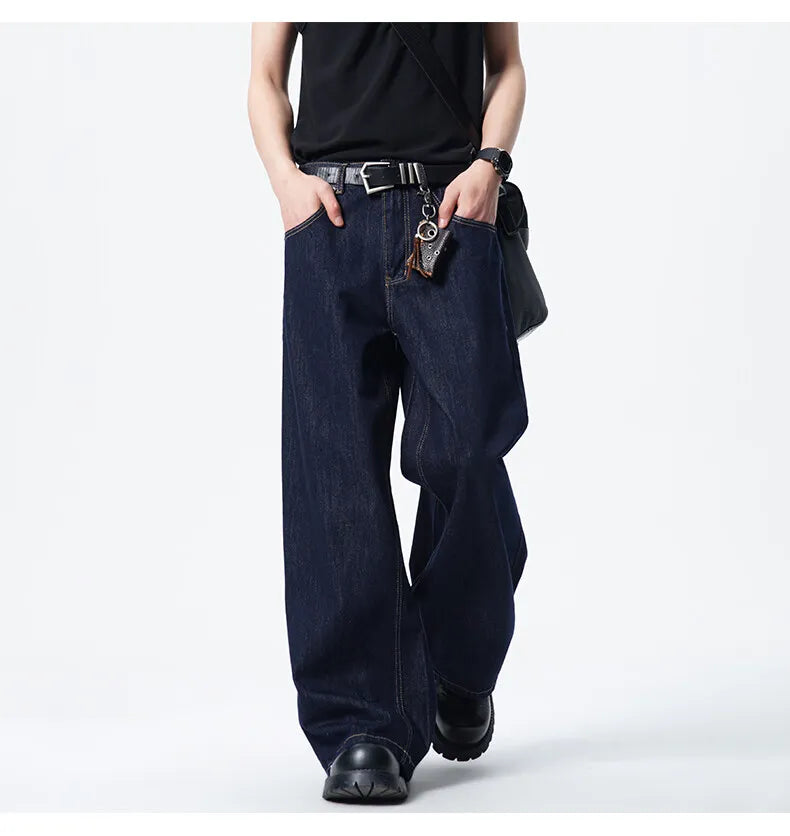 Threebooy Men Dark Blue Loose Drag Floor Length Jeans Classic Straight Leg Denim Pants Wholesale Hot Sale Minimalist Casual Streetwear