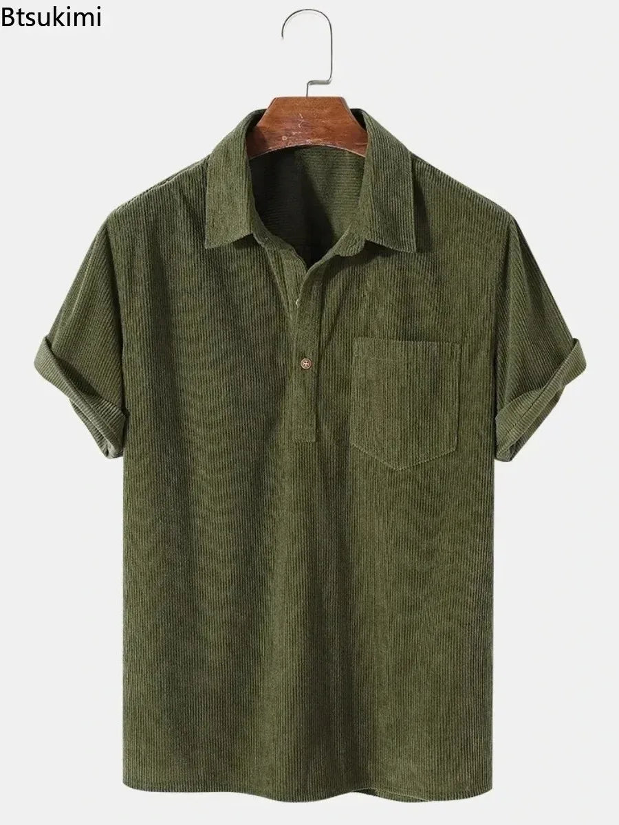 Threebooy  New 2025 Men's Summer Corduroy Short Sleeve Shirt Fashion Casual Streetwear Solid Lapel Loose Pullover Retro Simple Tops for Men