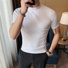 Threebooy New Style Men High Grade Solid Color Stripe Knit T-shirt/Male Slim Fit Fashion High Collar Short Sleeve T-shirt Black White