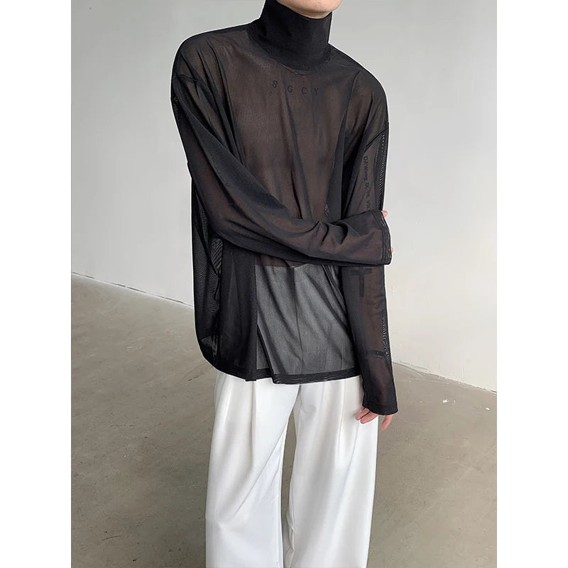 Threebooy Sexy Perspective High-neck Long Sleeve T Shirt Men Women Net Yarn Bottoming Shirt Spring Summer Transparent Black Tee Shirts