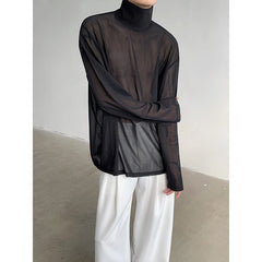 Threebooy Sexy Perspective High-neck Long Sleeve T Shirt Men Women Net Yarn Bottoming Shirt Spring Summer Transparent Black Tee Shirts