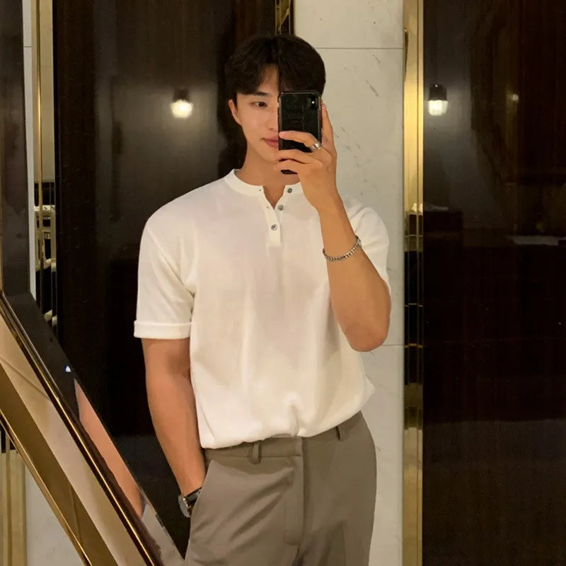 Threebooy  New Fashion Korean Style Men T-shirt Light Luxury Knitted Henry Collar Tops Casual Solid Color Short Sleeve Breathable Knitwear