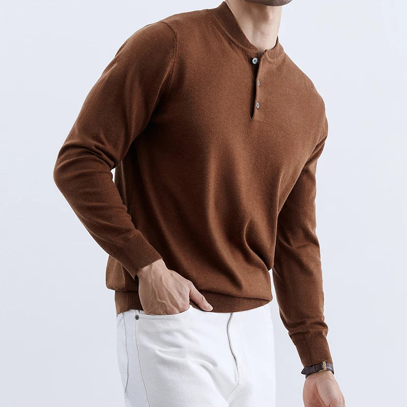 Threebooy  New Fashion Men Henry Sweater Light Luxury Knitted Solid Color Long Sleeve Pullover Premium Quality Skin-friendly Knitwear M-3XL