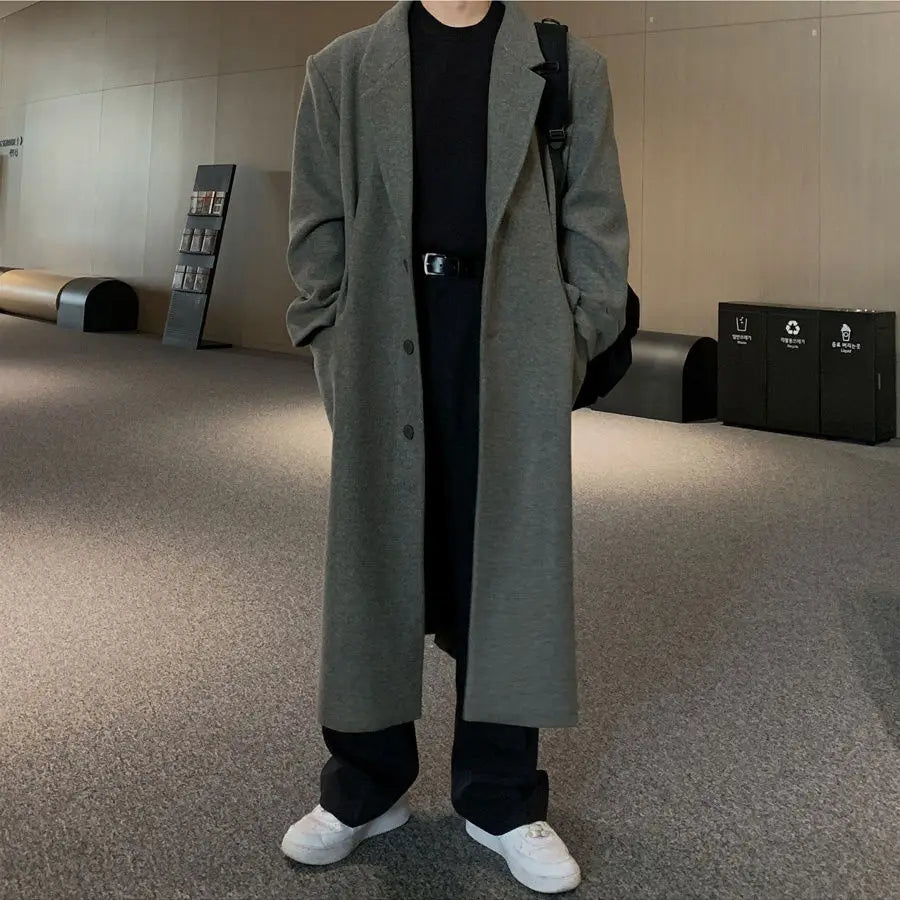 Threebooy Korean High-end Wool Coat Autumn Winter Japanese Fashionable Men Over-knee Mid-length Wool Coat Men Simple Streetwear