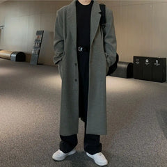 Threebooy Korean High-end Wool Coat Autumn Winter Japanese Fashionable Men Over-knee Mid-length Wool Coat Men Simple Streetwear
