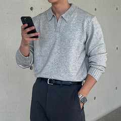 Threebooy Korean Luxury Business Men Polo Sweater Loose V Neck Knit Solid Color Pullover Casual Premium Quality Long Sleeve Knitwear M-3XL