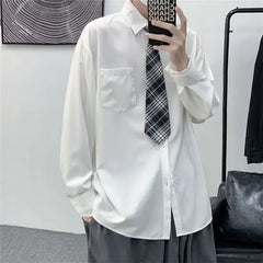 Threebooy  Solid Color Shirt with Tie Spring Autumn New Style Hong Kong Style Retro Versatile Long Sleeve Men's Loose Casual Top Trend