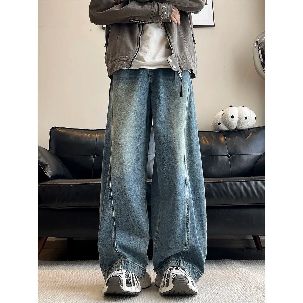 Threebooy American style personality trend men and women straight leg spring and autumn washed jeans couple loose retro casual pants y2k