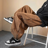 Threebooy Winter Japanese Retro Wide Leg Pants for Men Corduroy Haren Pants Oversized Casual Jogging Sweatpants Hip-hop Street Male