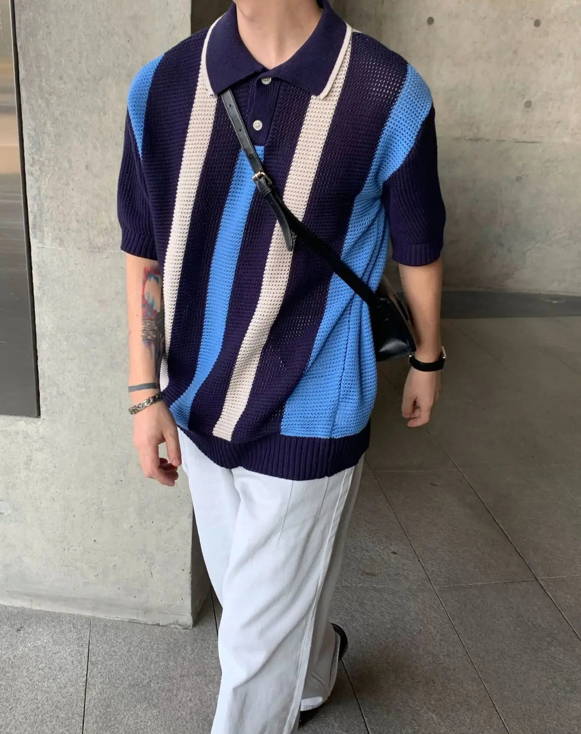 Threebooy Summer Hip Hop Men and Women Trendy Personalized Hollow Stripe Color blocked Knitted Polo Shirt Korean Casual Short Sleeve y2k