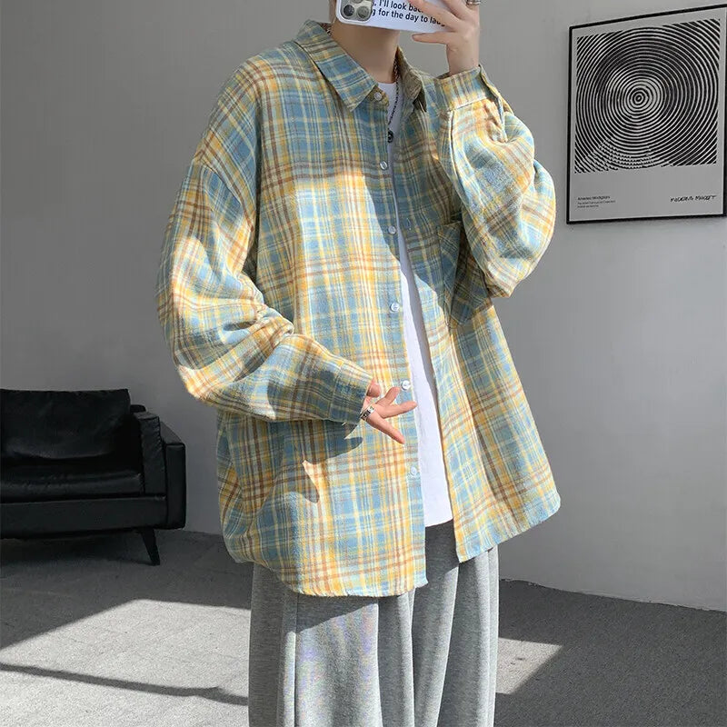Threebooy Spring Long Sleeved Shirt Men Fashion Retro Plaid Shirt Men Streetwear Loose Casual Shirt Mens Vintage Shirts Plus Size 5XL