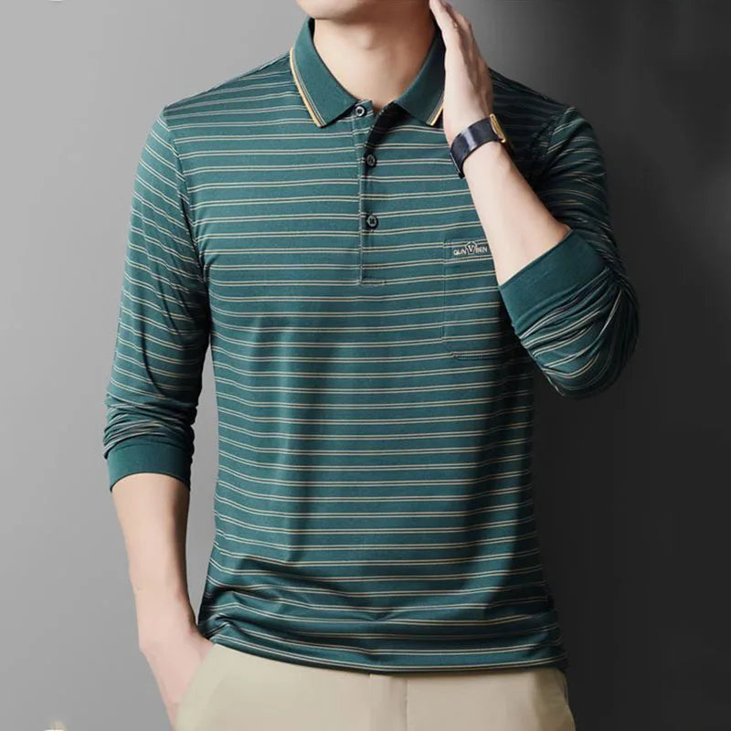 Threebooy  Men Breathable Pure Cotton Polo Shirts Long Sleeve Spring Autumn Casual Striped Turn-down Collar Real Pocket Comfortable Tops