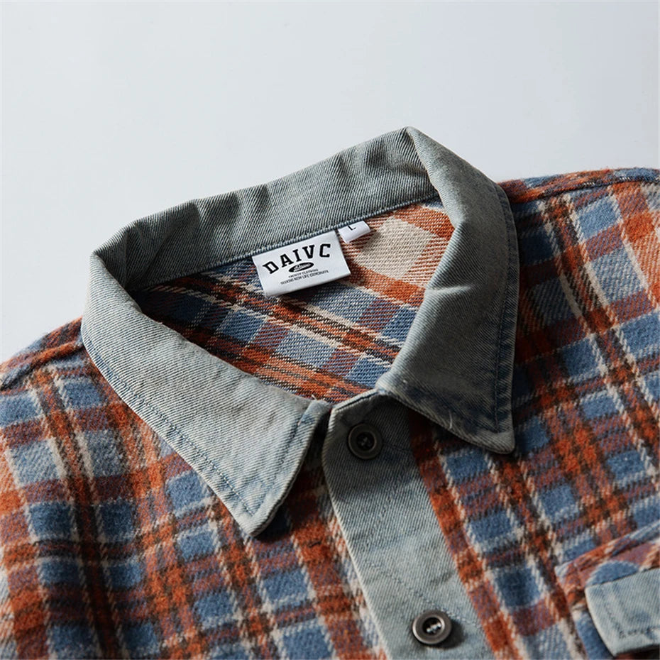 Threebooy Vintage Plaid Cargo Shirts Mens Streetwear Hip Hop Long Sleeve Shirt for Men Harajuku Loose Japan Style Casual Blouse Coats Male