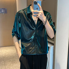 Threebooy Men Shiny Design Casual Shirt Trendy Handsome Shirts Fashion Loose Half Sleeve Tops Korean Style Personality Clothing