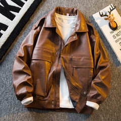 Threebooy Men's American Retro Cleanfit Brown Leather Jacket Men's Korean Style High-end Men's Trendy Pu Leather Jacket Aesthetic Chic