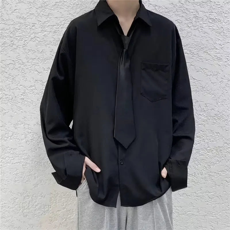 Threebooy White Solid Shirts With Tie Men's Oversize Long Sleeve Casual Cardigan Fashion Spring Autumn Blouses Unisex Daily All-match Tops