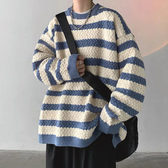 Threebooy Fashion O-Neck Knitted Spliced Loose Korean Striped Sweater Men's Clothing Autumn New Casual Pullovers All-match Warm Tops