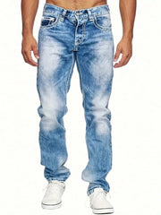 Threebooy  1Pc Men's Four Seasons Snowflake Washed Fried Stone Trendy Jeans, Stretch Slim Fit Light Blue Dark Black Casual Embroidered Denim Trousers, Minimalist Fashion, Suitable for Everyday Wear