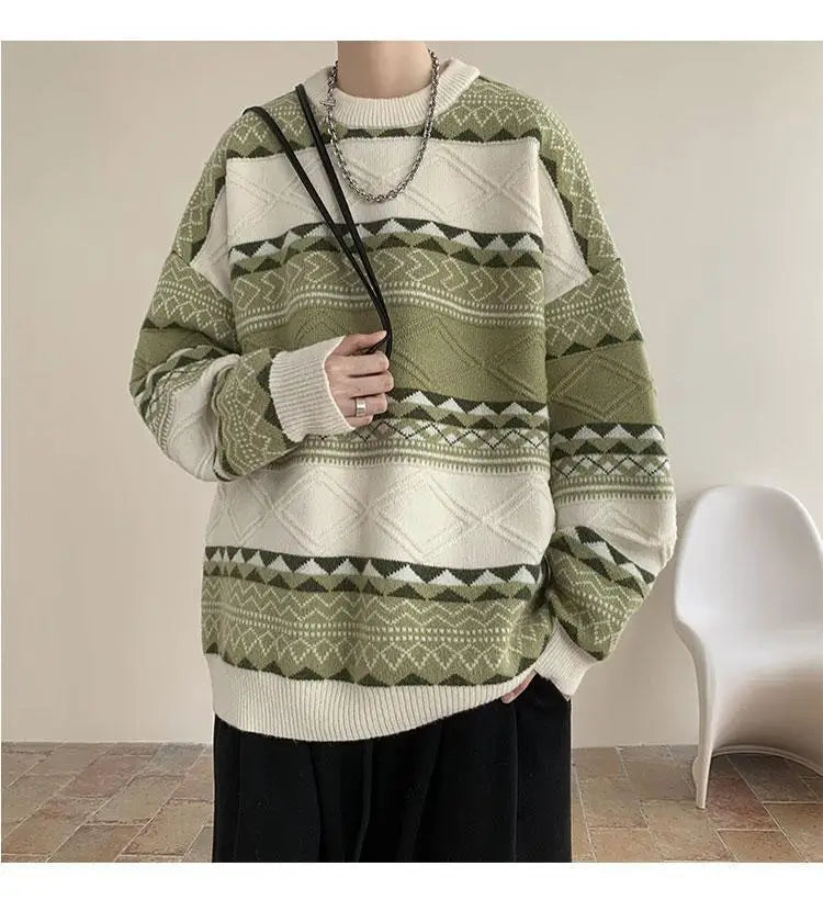 Threebooy Autumn and Winter Round Neck Sweater for Men Casual Trendy Brand Streamer Lazy Style Contrast Striped Knitted Sweater
