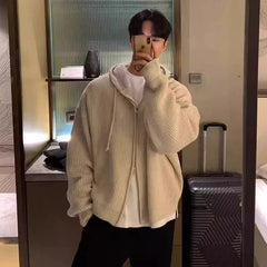 Threebooy Winter Clothing Men's Light Luxury Knit Hooded Cardigan Sweater Korean Vintage Popular Zipper Long Sleeve Loose Hoodie Knitwear