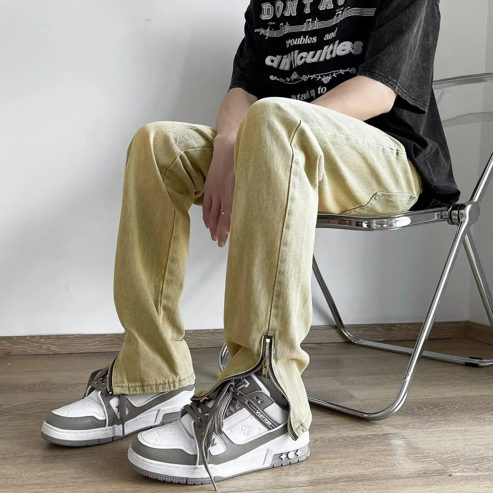 Threebooy Embroidery New Slim Jeans Y2K Pants Men Clothing Ankle Zipper Straight Washed Black Hip Hop Denim Trousers Ropa Hombre