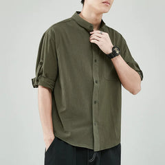 Threebooy  Line Shirt Men's Short-sleeved White Shirt Loose Chinese Style Summer Cotton Linen Casual Jacket Men's Quarter-sleeved Top