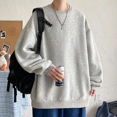 Threebooy Harajuku Sweatshirts Men Korean Solid Color Basic O Neck Oversized Pullovers Spring Autumn Simple Fashion Casual Tops 5XL-M