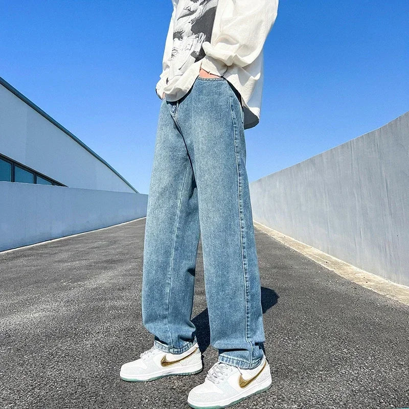 Threebooy  Men's Jeans Spring Autumn Extend Straight Vintage Blue Casual Baggy Jeans Korean Trousers Classic Wide Leg Fashion Denim Pants