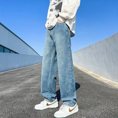 Threebooy  Men's Jeans Spring Autumn Extend Straight Vintage Blue Casual Baggy Jeans Korean Trousers Classic Wide Leg Fashion Denim Pants