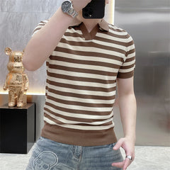 Threebooy  Summer Striped Knitted Polo T-shirts Men Short Sleeve Casual Business Lapel Tshirt Slim Fit Ice Silk Breathable Knitwear