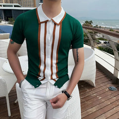 Threebooy Spring Men Short Sleeve Polo Contrast Stripes Lapel Top Korean Slim Knit Men Polo High Quality Tee Shirt Camisa Hombre 4XL