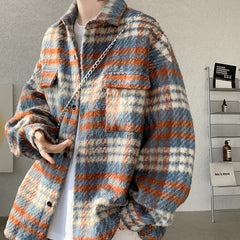 Threebooy Winter Short Woolen Coat Men Retro Thickened Woolen Jacket Men Korean Loose Plaid Woolen Coat Men Oversized Thick Jackets M-2XL