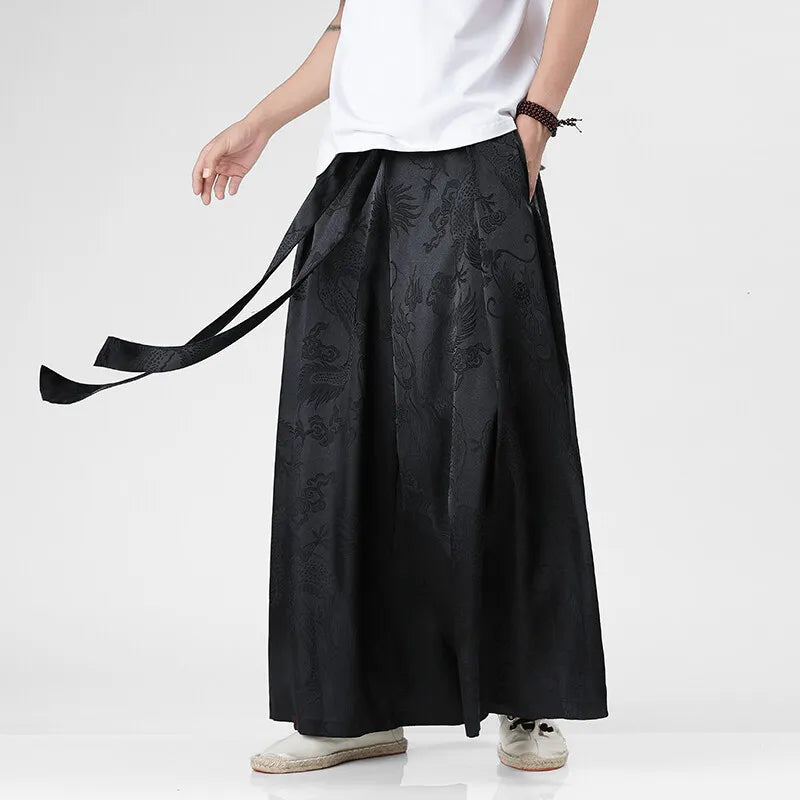Threebooy  Autumn New Chinese Style Men's Hanfu Clothing Dragon Patterned Ice Silk Wide Leg Pants Casual Loose Fit Long Trousers